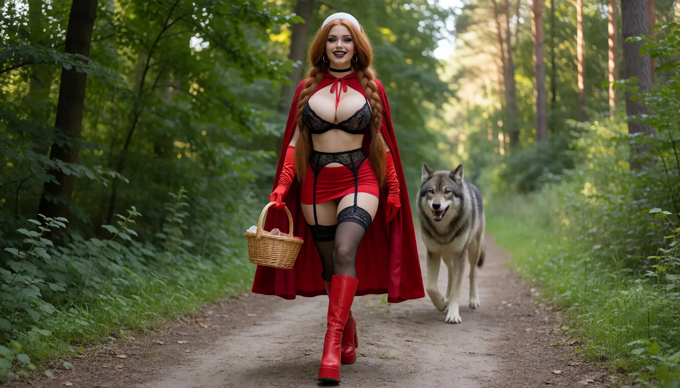 an amateur snapshot, Anna (the woman from the "Little Red Riding Hood" fairy tale; hereinafter "Anna") has very voluptuous buttocks, a very large bust, a slender waist, and a toned figure; she has exceptionally full lips. Anna has voluminous, very long amber-chestnut hair styled in two braids. She is dressed in black lace stockings held up by a black lace garter belt, a black lace bra made of a very sheer material, long red gloves, red knee-high boots with high heels and chunky soles, ultra-sheer red lace panties, an extremely short red miniskirt, and a red hooded cape. She wears a wide white headband, a black choker, and gold hoop earrings. Her eyes are accentuated with black mascara; her makeup is done in a Gothic style using black tones, and she wears dark burgundy lipstick.Anna walks straight ahead in a good mood, carrying a basket. A huge WOLF runs up to her.The scene takes place on a forest path on a sunny day. The shot is framed from the front, from a low angle, and from a great distance., plenty of natural daylight, flat even light, casual unposed snapshot, natural everyday colour, mild noise, natural unretouched skin, strikingly beautiful, radiant complexion, early twenties