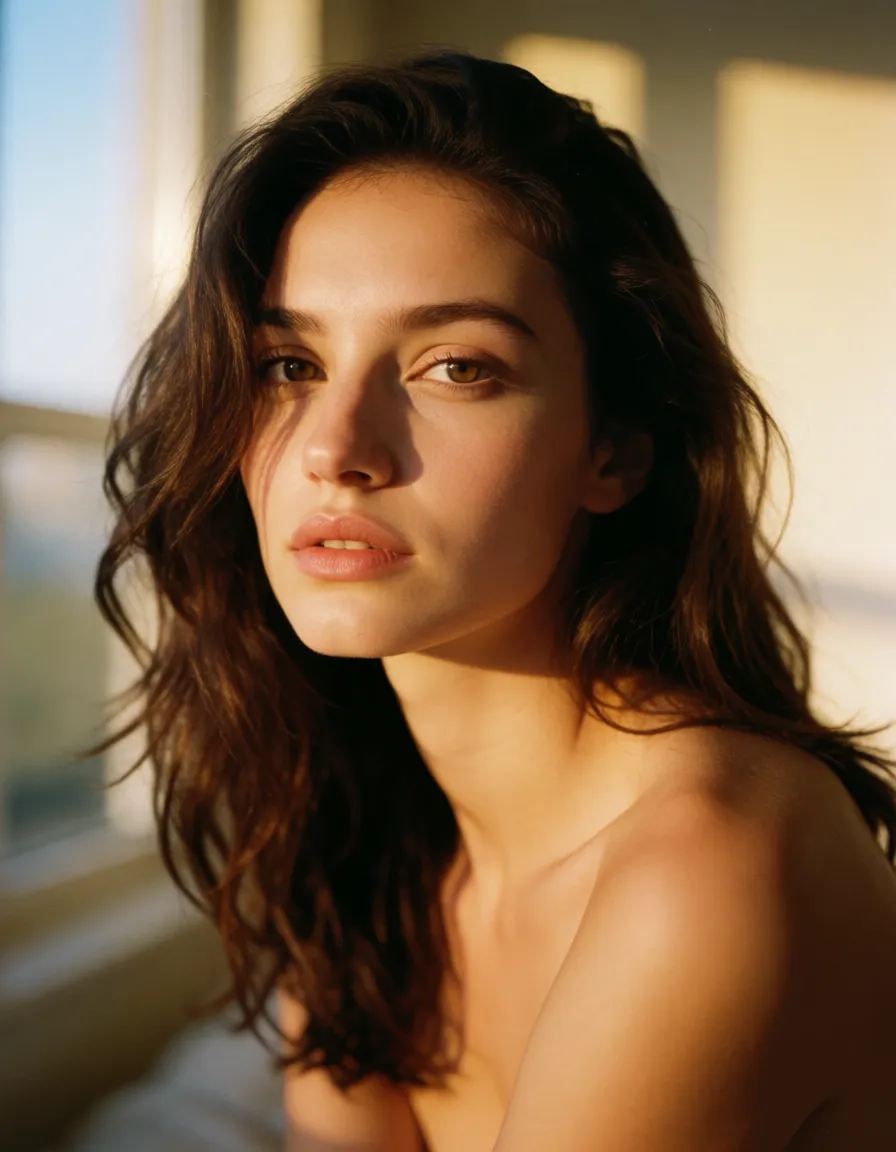 a photograph, RAW photo, ultra realistic, brunette woman, creampie, stomach, indoors, smoldering look, film photography, warm golden afternoon daylight, soft natural shadows, warm amber tones, gentle contrast, fine film grain, smooth clear skin, strikingly beautiful, radiant complexion, early twenties