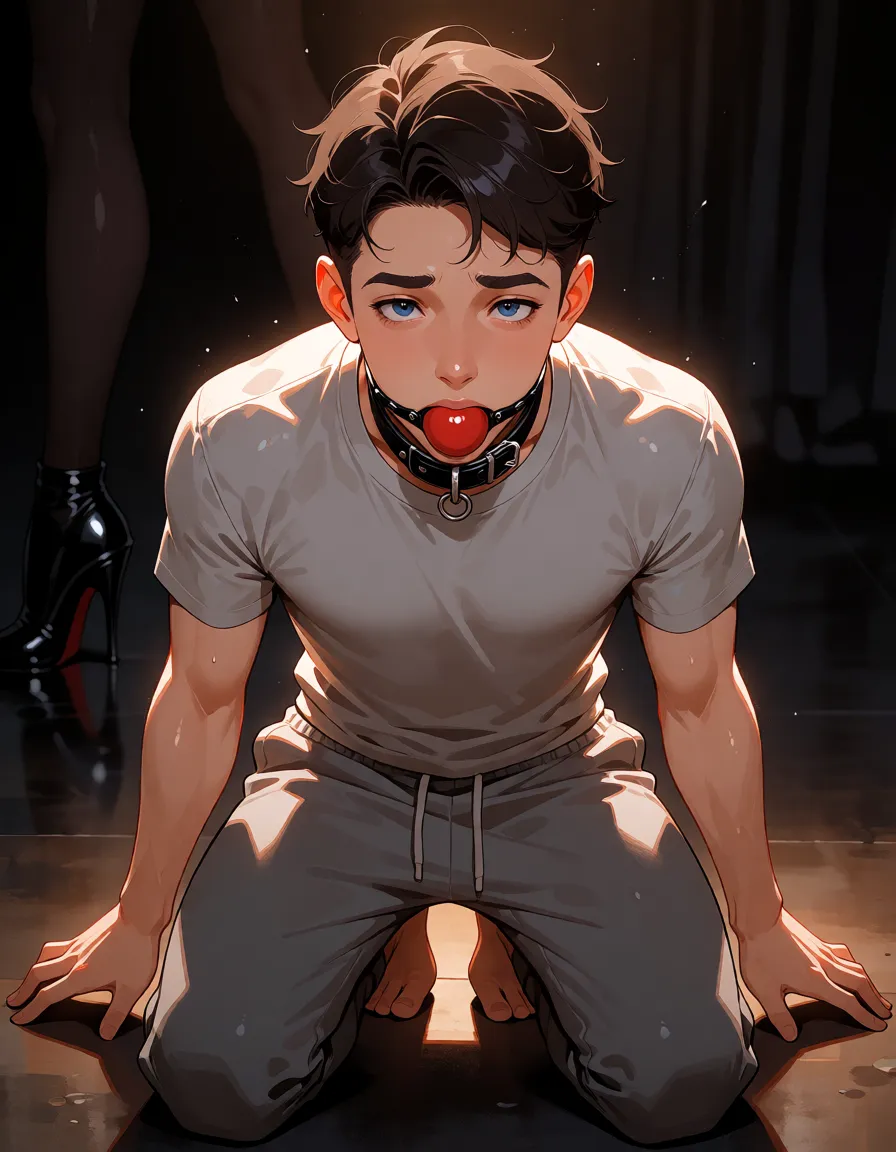 hentai anime art, Kneeling subservient young man on a dark polished floor, head lowered and eyes cast up respectfully, hands resting open at his sides, wearing a simple black leather collar, barefoot, simple red ballgag in mouth. plain grey t-shirt and sweatpants, soft warm rim lighting from above, subtle shadow across his face showing humility, shallow depth of field, cinematic moody atmosphere, dark background with faint silhouette of a woman's legs in glossy black latex heels standing over him, high detail, animated,, clean lineart, smooth cel shading, glossy highlights, saturated warm colour, drawn illustration, strikingly beautiful, radiant complexion, early twenties