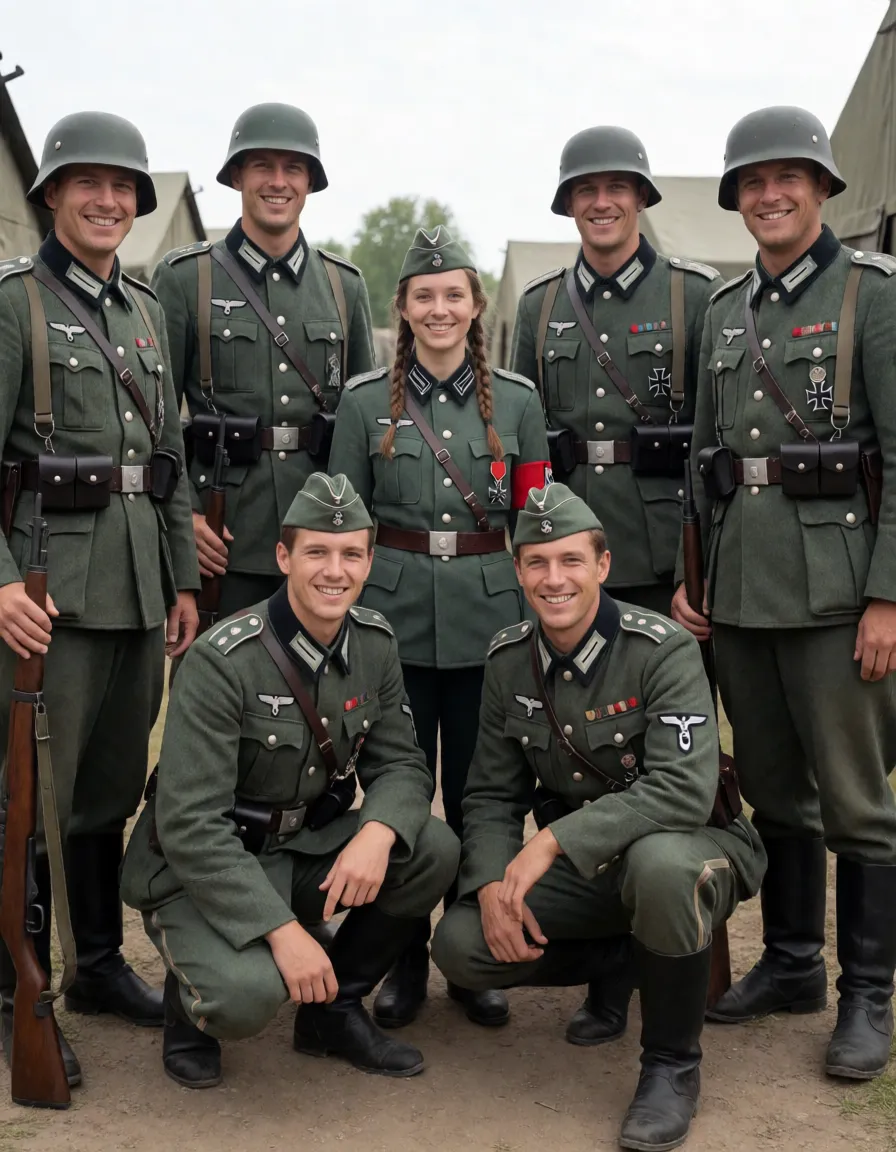 an amateur snapshot, Naked short skinny german woman with big saggy breasts standing with ww2 tall big soldiers, world war 2 inside military camp, showing beautiful enormous round ass, back to camera, her feet and legs tight together, heavy nipple rings with iron cross medals hanging, leather collar with nazi symbol, slave cuffs on arms and legs, German eagle with swastika symbol pubic tattoo, Wehrmacht low rank symbol on upper arm, Wehrmacht medal on leather collar, strict German braids, low rank Wehrmacht hat, german oak leave tattoo, German Wehrmacht tattoo, SS runes tattoo, German poem written on bossom . Swastika tattoo on ass cheeks
With her squatting 5 tall big Wehrmacht soldiers in Second World War uniform posing for picture, ww2 rifles in hand, Men are way taller than her, grinning, one soldier is pointing at her ass, plenty of natural daylight, flat even light, casual unposed snapshot, natural everyday colour, mild noise, natural unretouched skin, strikingly beautiful, radiant complexion, early twenties