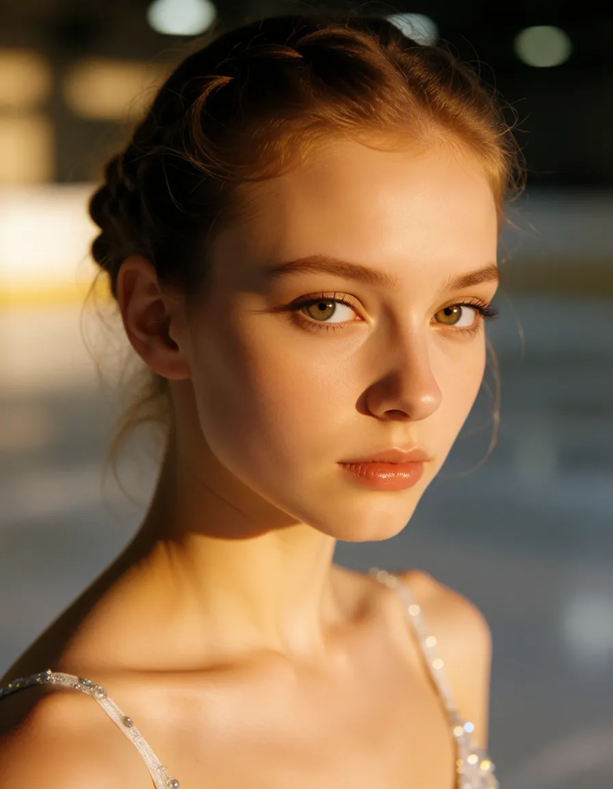a photograph, Фигуристку ебут на льду, warm golden afternoon daylight, soft natural shadows, warm amber tones, gentle contrast, fine film grain, smooth clear skin, strikingly beautiful, radiant complexion, early twenties