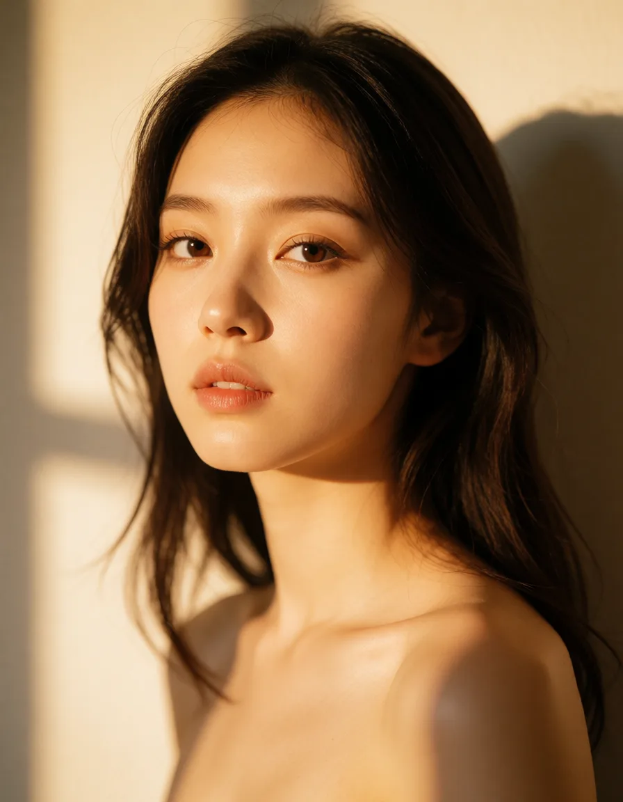 a photograph, 춤추는그녀, warm golden afternoon daylight, soft natural shadows, warm amber tones, gentle contrast, fine film grain, smooth clear skin, strikingly beautiful, radiant complexion, early twenties