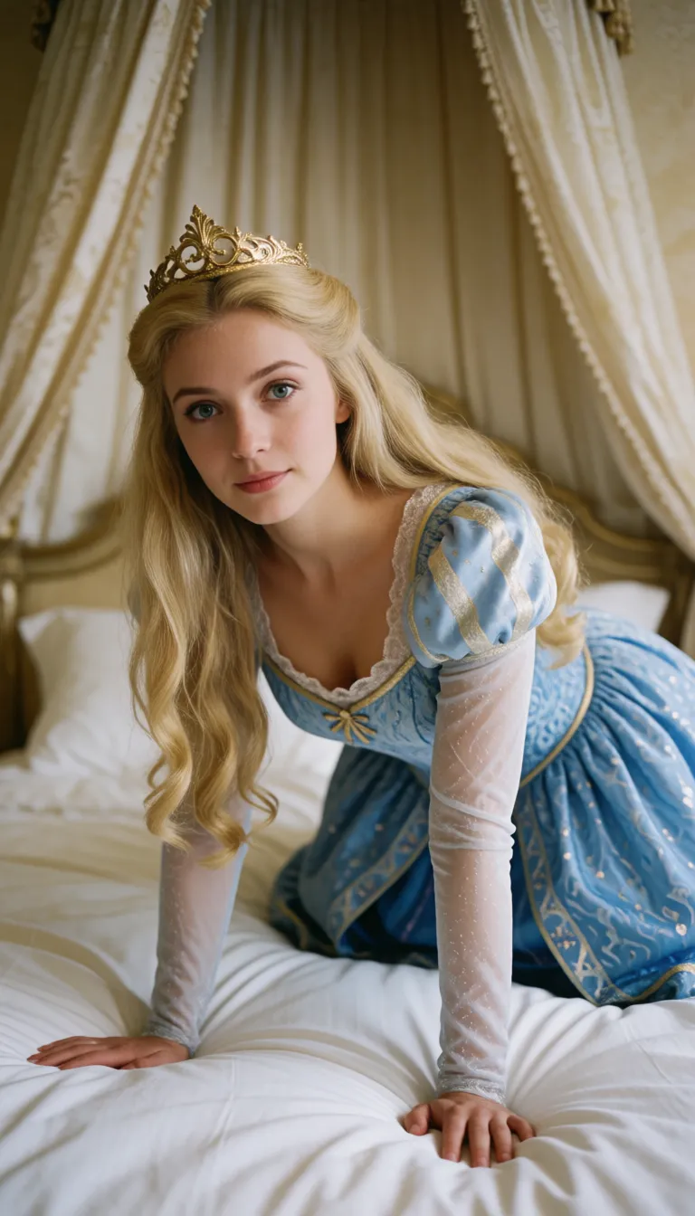 a photograph, A fairytale princess is on all fours on a canopy bed being fucked roughly in the ass from behind by a knight. The knight has firmly gripped her long blonde hair at the top of her head and is forcefully pulling her head back, forcing her gaze up towards the ceiling as she is pounded. She is having an orgasm., natural colour, neutral white balance, true to life skin tone, gentle contrast, fine film grain, smooth clear skin, strikingly beautiful, radiant complexion, early twenties