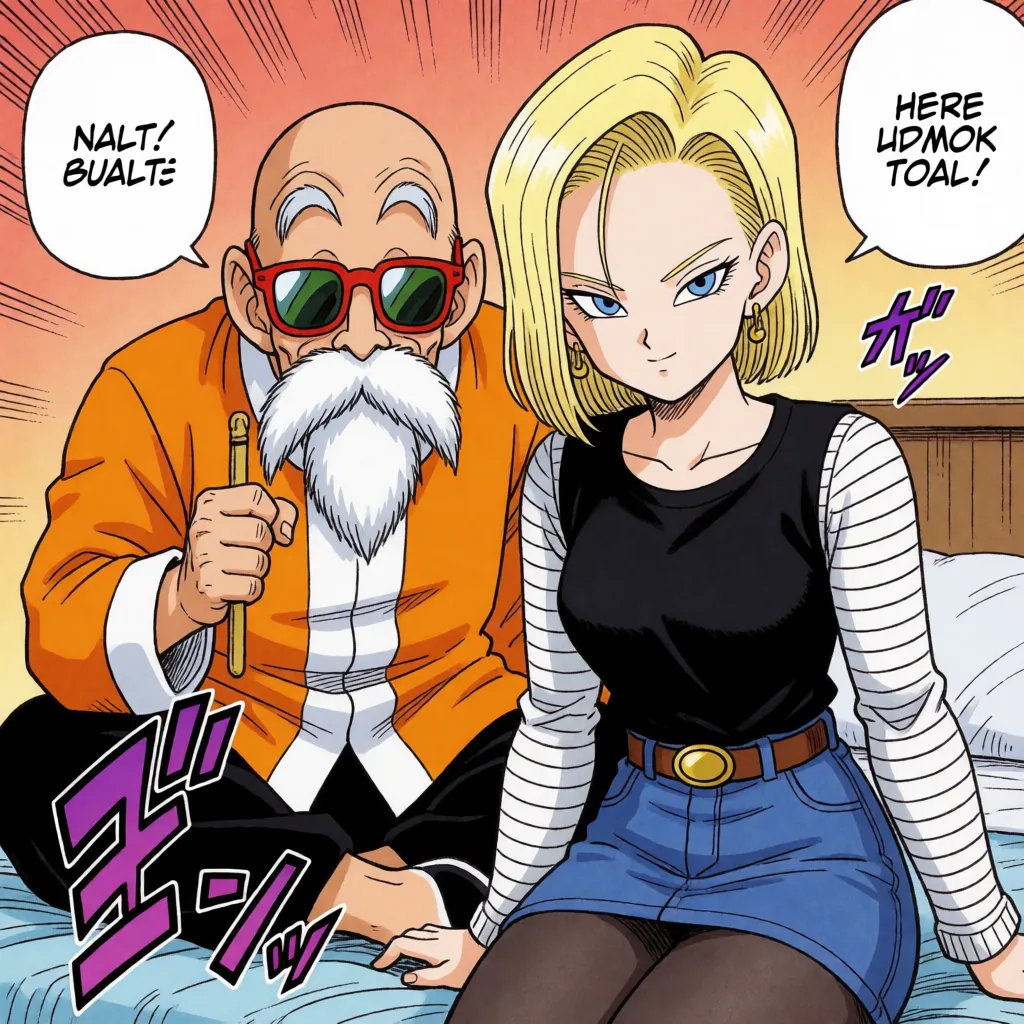 hentai anime art, nsfw, hentai, doujin, paper manga style, sexual intercourse (man and woman), Dragon Ball manga, faithful reproduction of original character designs, Master Roshi smiling with a lecherous look, Android 18 writhing in pleasure, he spreads the woman's legs wide with his hands, vaginal penetration, missionary position, vigorous hip thrusting, in the bedroom, manga color, flat color, fine lines, delicate linework, motion lines, speed lines, Japanese lewd sound effects, Japanese text in lewd speech bubbles, masterpiece, best quality, ultra-detailed, clean lineart, smooth cel shading, glossy highlights, saturated warm colour, drawn illustration, strikingly beautiful, radiant complexion, early twenties