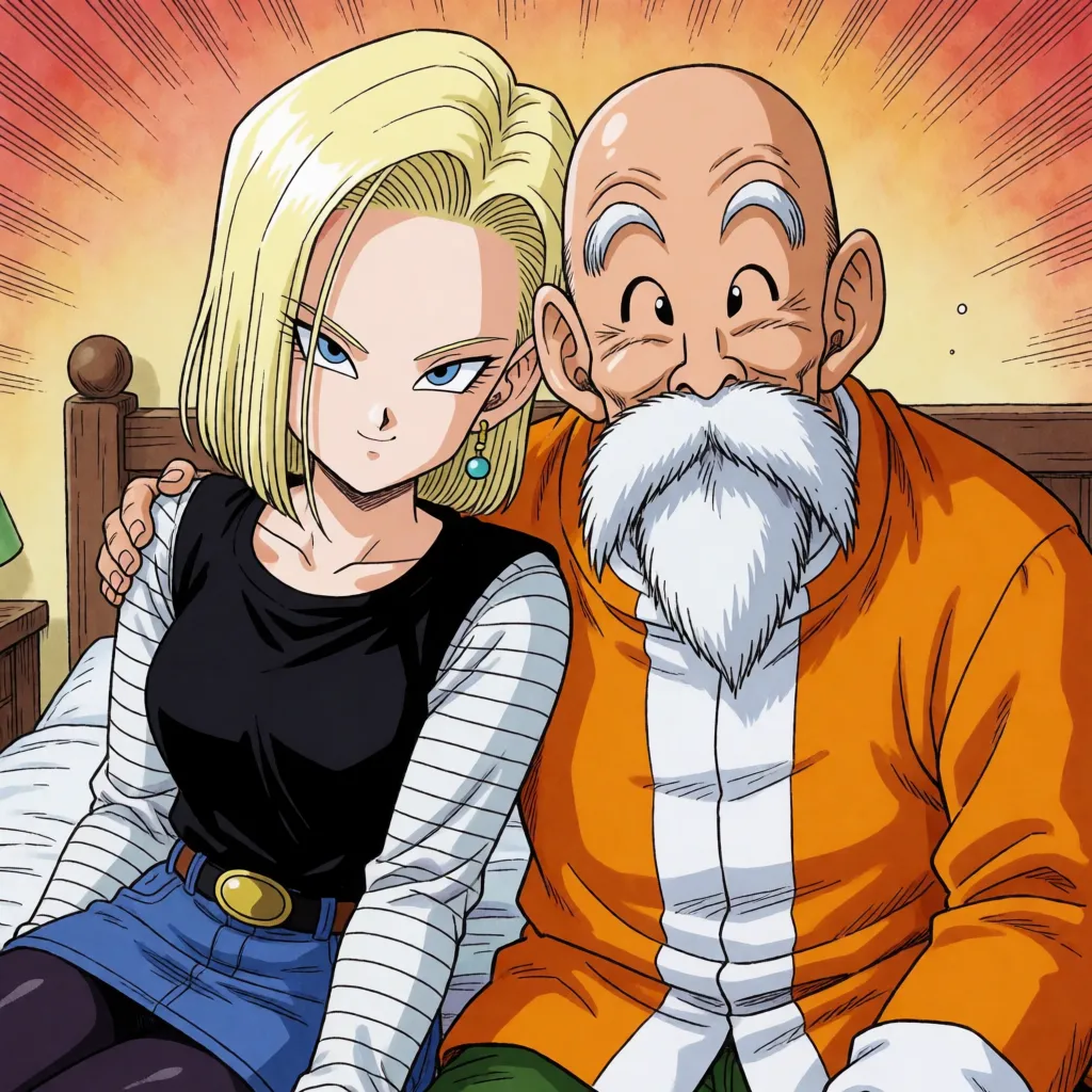 hentai anime art, NSFW, hentai, doujin, printed adult manga style, sexual intercourse (man and woman), Dragon Ball manga, faithful reproduction of original character designs, Master Roshi smiling with a lecherous look, Android 18 writhing in pleasure, he spreads the woman's legs wide with his hands, vaginal penetration, missionary position, vigorous hip thrusting, in the bedroom, manga-style coloring, flat colors, fine lines, delicate linework, motion lines, speed lines, Japanese lewd sound effects, Japanese lewd speech bubbles, masterpiece, best quality, ultra-detailed, clean lineart, smooth cel shading, glossy highlights, saturated warm colour, drawn illustration, strikingly beautiful, radiant complexion, early twenties