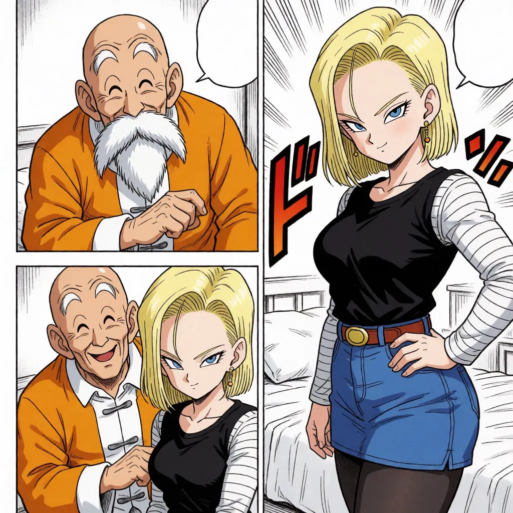 hentai anime art, NSFW, hentai, 4-panel manga line art, manga panel borders, sexual intercourse (man and woman), Master Roshi smiling with a lecherous look, Android 18 writhing in pleasure, he spreads the woman's legs wide with both hands, vaginal penetration, missionary position, vigorous hip thrusting, in the bedroom, Dragon Ball manga, faithful reproduction of original character designs, manga coloring, flat colors, fine lines, delicate linework, motion lines, speed lines, Japanese lewd sound effects, Japanese lewd speech bubbles, masterpiece, best quality, ultra-detailed., clean lineart, smooth cel shading, glossy highlights, saturated warm colour, drawn illustration, strikingly beautiful, radiant complexion, early twenties