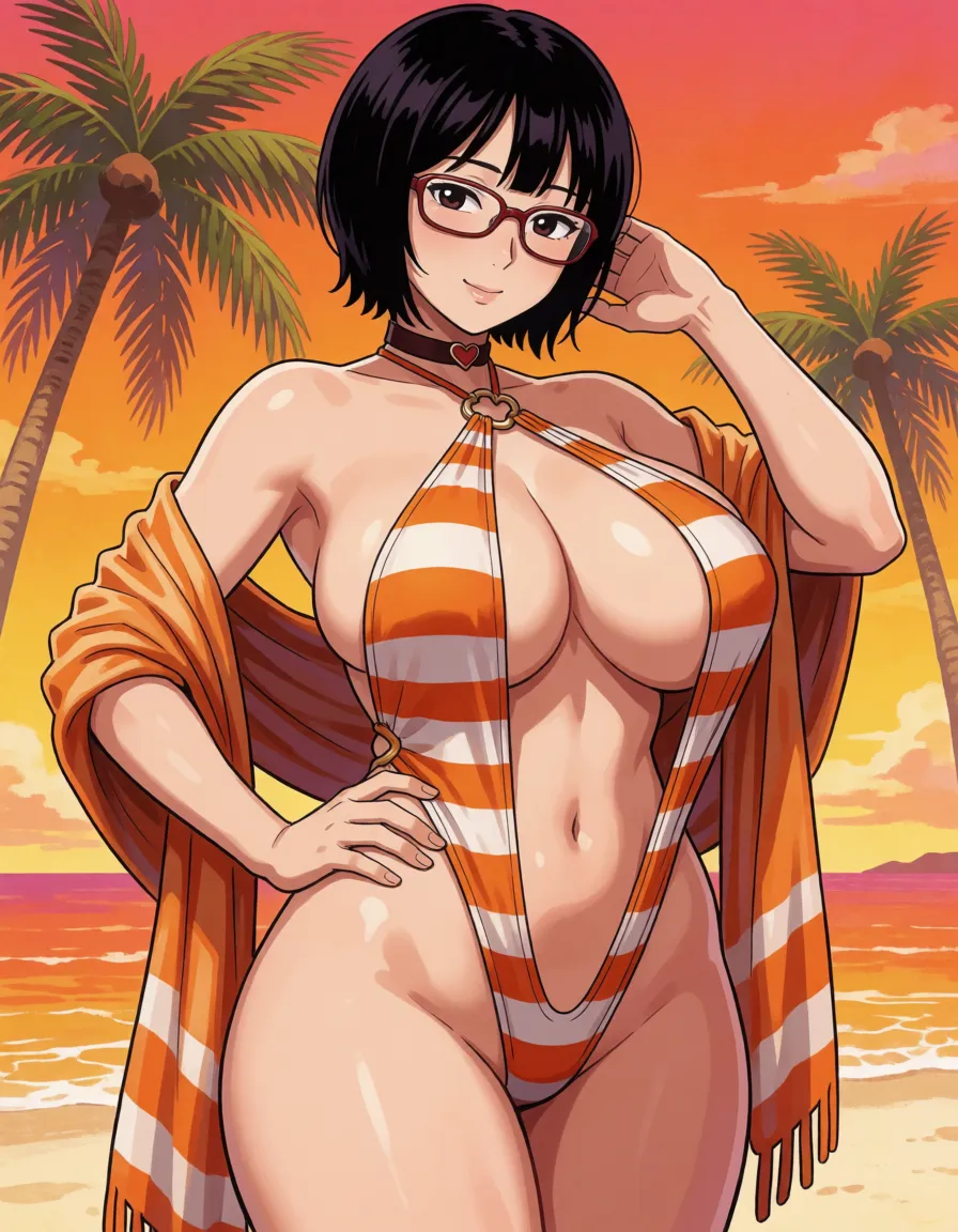 hentai anime art, 1woman, black hair bobcut, mature asian female, body freckles, small height asian milf, tsurime, parted lips, smile, one_eye_closed, beautiful lips, glasses, orange striped slingshot swimsuit, draped shawl, heart choker, ringed swimsuit, bbw, fat, gigantic natural breasts, big chubby belly, large bottom, tan lines, hands marks, standing, legs apart, hand on hip, one hand up, holding own face, beach, palm trees,, clean lineart, smooth cel shading, glossy highlights, saturated warm colour, drawn illustration, strikingly beautiful, radiant complexion, early twenties