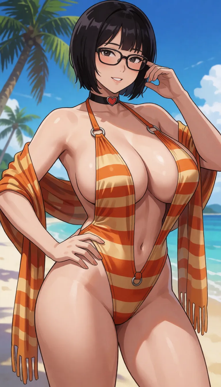 hentai anime art, 1woman, sade abyss, black hair bobcut, mature asian female, body freckles, small height asian milf, tsurime, parted lips, smile, one_eye_closed, beautiful lips, glasses, orange striped slingshot swimsuit, draped shawl, heart choker, ringed swimsuit, bbw, fat, small perky breasts, big chubby belly, large bottom, tan lines, standing, legs apart, hand on hip, one hand up, holding own face, beach, palm trees,, clean lineart, smooth cel shading, glossy highlights, saturated warm colour, drawn illustration, strikingly beautiful, radiant complexion, early twenties