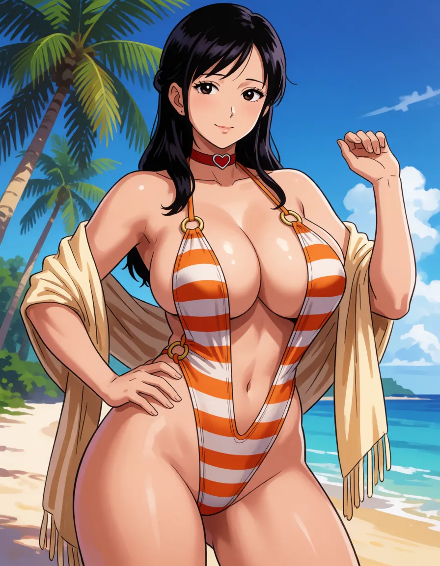 hentai anime art, 1woman, black hair, mature asian female, body freckles, small height asian milf, tsurime, parted lips, smile, one_eye_closed, beautiful lips, nerd, freckles, orange striped slingshot swimsuit, draped shawl, heart choker, ringed swimsuit, bbw, fat, small perky breasts, big chubby belly, large bottom, tan lines, standing, legs apart, hand on hip, one hand up, (v) , beach, palm trees,, clean lineart, smooth cel shading, glossy highlights, saturated warm colour, drawn illustration, strikingly beautiful, radiant complexion, early twenties