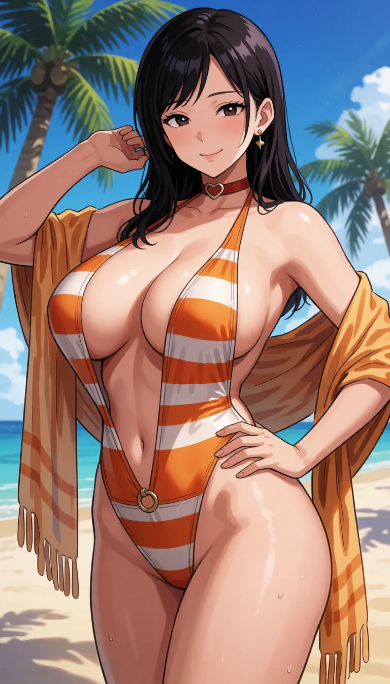hentai anime art, 1woman, black hair, mature asian female, body freckles, small height asian milf, tsurime, parted lips, smile, one_eye_closed, beautiful lips, nerd, freckles, orange striped slingshot swimsuit, draped shawl, heart choker, ringed swimsuit, bbw, fat, absurdly sagging breasts, big chubby belly, large bottom, tan lines, standing, legs apart, hand on hip, one hand up, (v) , beach, palm trees,, clean lineart, smooth cel shading, glossy highlights, saturated warm colour, drawn illustration, strikingly beautiful, radiant complexion, early twenties