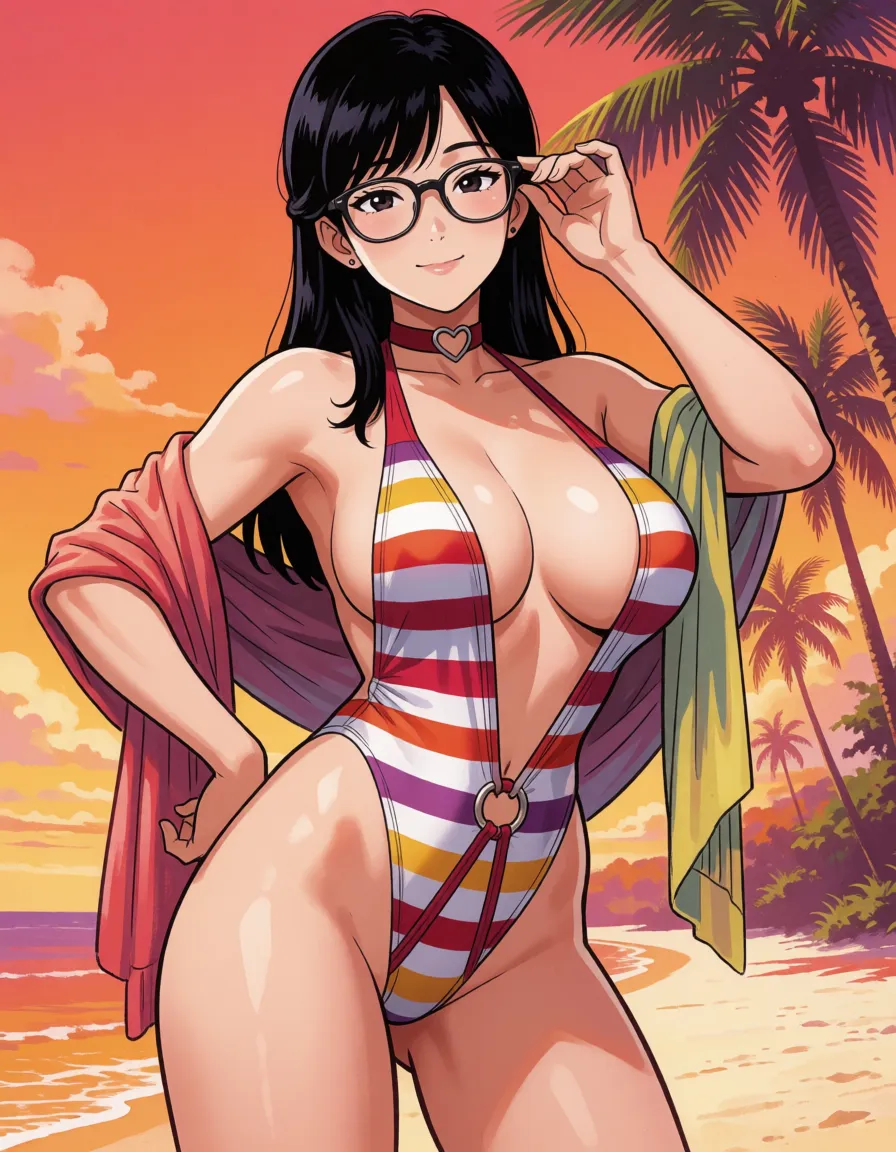 hentai anime art, black hair; mature asian female; body freckles; small height asian milf; tsurime; parted lips; smile, beautiful lips, nerd, freckles, striped slingshot swimsuit, draped shawl, heart choker, ringed swimsuit, bbw, fat, absurdly asymmetrical huge breast out, small breast, absurdly sagging breasts, pregnant, absurdly big belly, large bottom, tan lines, standing, legs apart, hand on hip, one hand up, adjusting glasses, beach, palm trees,, clean lineart, smooth cel shading, glossy highlights, saturated warm colour, drawn illustration, strikingly beautiful, radiant complexion, early twenties