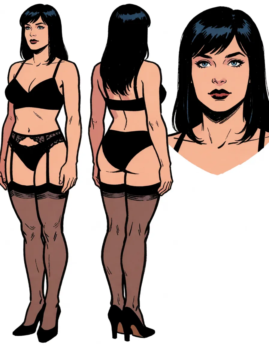 A character reference sheet of one person: sexy woman with large breasts wearing stocking, heels and bikini. Three views of the same character, side by side on a plain white background: full body front view, full body back view, and a large head and shoulders close-up. Neutral standing pose, even lighting, nothing in the background, no text anywhere. Clean inked American comic art, bold flat colours, heavy line weight.