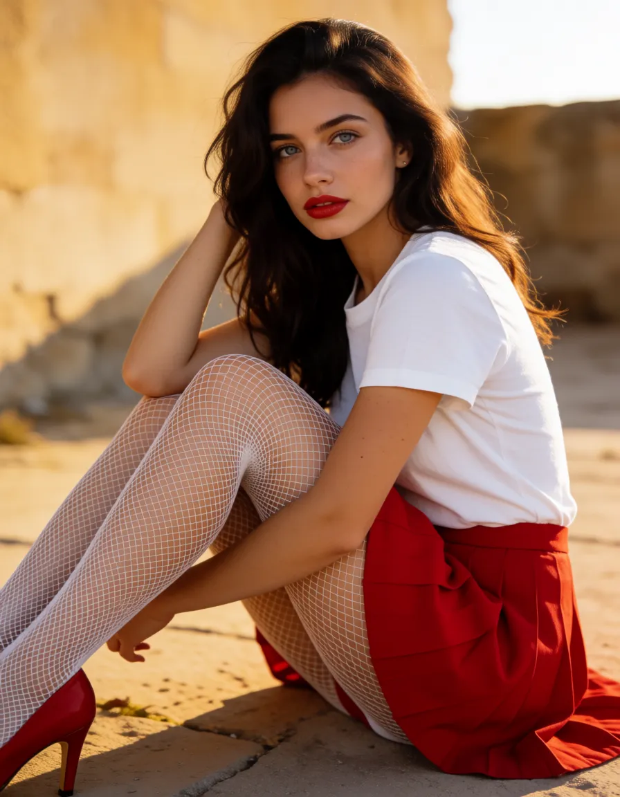 a photograph, brunette, blue eyes, red lipstick, red pleated skirt, white tshirt, white fishnet stockings, red high heels, on lap, detailed, realistic, her asshole fucked with massive penis, her hand on pussy, long white fingernails,, warm golden afternoon daylight, soft natural shadows, warm amber tones, gentle contrast, fine film grain, smooth clear skin, strikingly beautiful, radiant complexion, early twenties