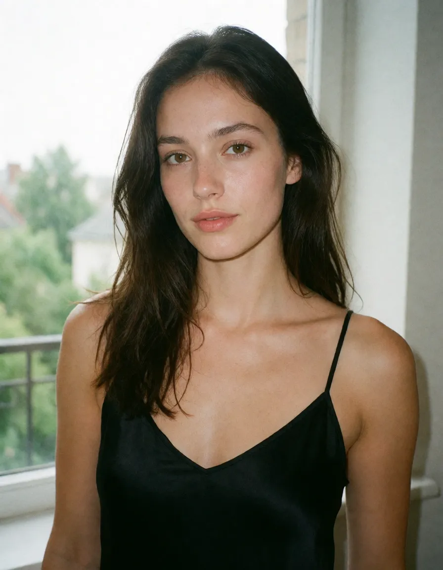 an amateur snapshot, a woman with long dark hair in a black silk slip, soft window light, shot on film, plenty of natural daylight, flat even light, casual unposed snapshot, natural everyday colour, mild noise, natural unretouched skin, strikingly beautiful, radiant complexion, early twenties
