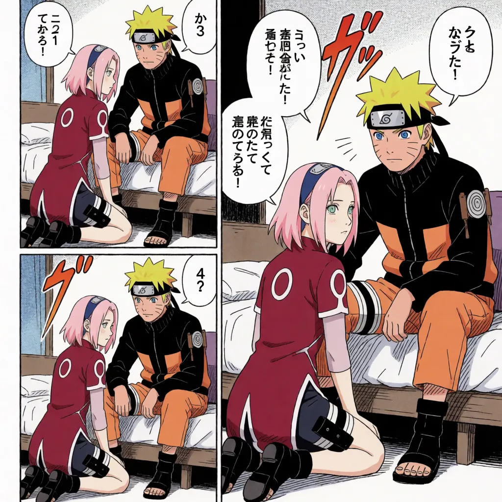 comic book art, Hentai, Naruto Shippuden art style; male character is Naruto Uzumaki, female character is Sakura Haruno; a fellatio scene where the aggressive female partner seduces and services the passive male partner, who is seated; 4-panel layout (mixed sizes); Panel 1: She kneels before him as he sits on a chair with an excited, bashful expression, and she sucks his penis with gusto; Panel 2: Maintaining the same position, he gasps as pleasure mounts while she vigorously sucks his penis; Panel 3: Still in the same position, he flushes and writhes in escalating pleasure while she performs a deep, long-stroke blowjob; Panel 4: Unable to hold back his climax, he grabs her head with both hands, pulling her forcefully against his crotch to thrust his entire penis into her mouth and ejaculate, gasping at the peak of pleasure; she continues to suck the deeply inserted penis with a satisfied expression; deep-throat fellatio; in the bedroom; anime-style coloring, flat colors, fine lines, delicate linework, motion lines, speed lines, Japanese sound effect text, Japanese speech bubble text., bold black ink outlines, halftone dot shading, cross hatched shadows, flat four colour print palette, hard high contrast comic inking, printed comic page, strikingly beautiful, radiant complexion, early twenties