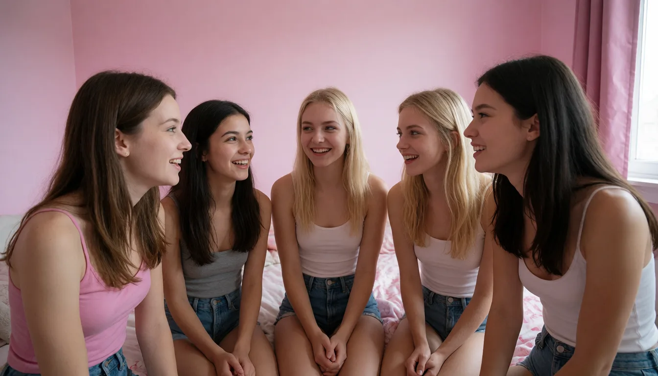 an amateur snapshot, all female sleepover, chatting and talking, hanging out in a pink bedroom, cute faces, casual nudity, 19yo, skinny, various hairstyles, various hair colors, candid photo, in the bedroom,, plenty of natural daylight, flat even light, casual unposed snapshot, natural everyday colour, mild noise, natural unretouched skin, strikingly beautiful, radiant complexion, early twenties