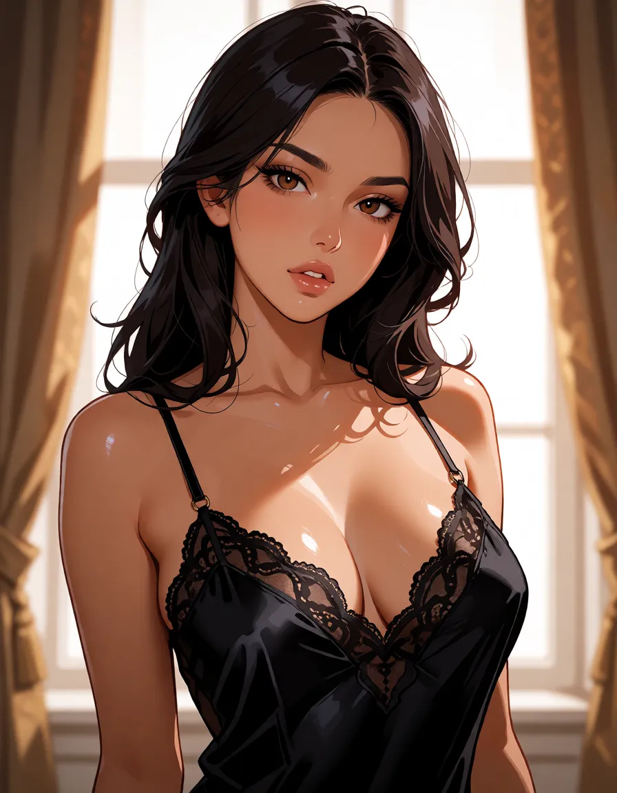 hentai anime art, a woman with long dark hair in a black silk slip, soft window light, shot on film, clean lineart, smooth cel shading, glossy highlights, saturated warm colour, drawn illustration, strikingly beautiful, radiant complexion, early twenties