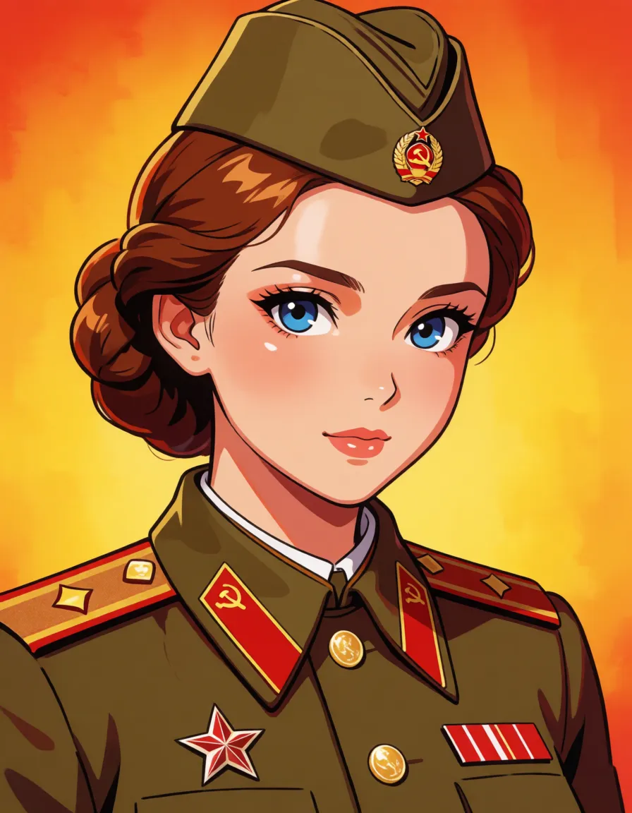 hentai anime art, a soviet woman in military uniform with massive ass, huge breasts and thick thighs, clean lineart, smooth cel shading, glossy highlights, saturated warm colour, drawn illustration, strikingly beautiful, radiant complexion, early twenties