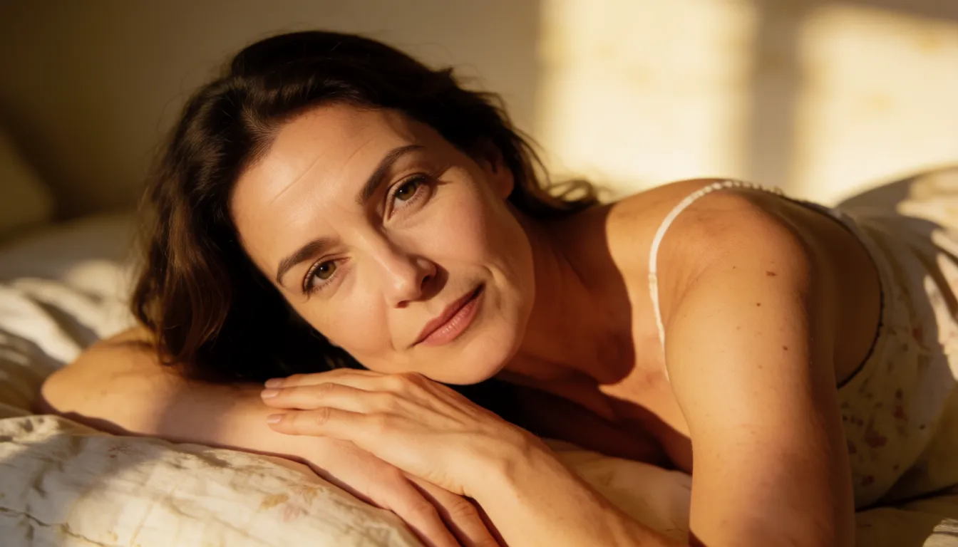a photograph, a mature woman with massive ass, huge breasts and thick thighs on bed, warm golden afternoon daylight, soft natural shadows, warm amber tones, gentle contrast, fine film grain, smooth clear skin, strikingly beautiful, radiant complexion, early twenties