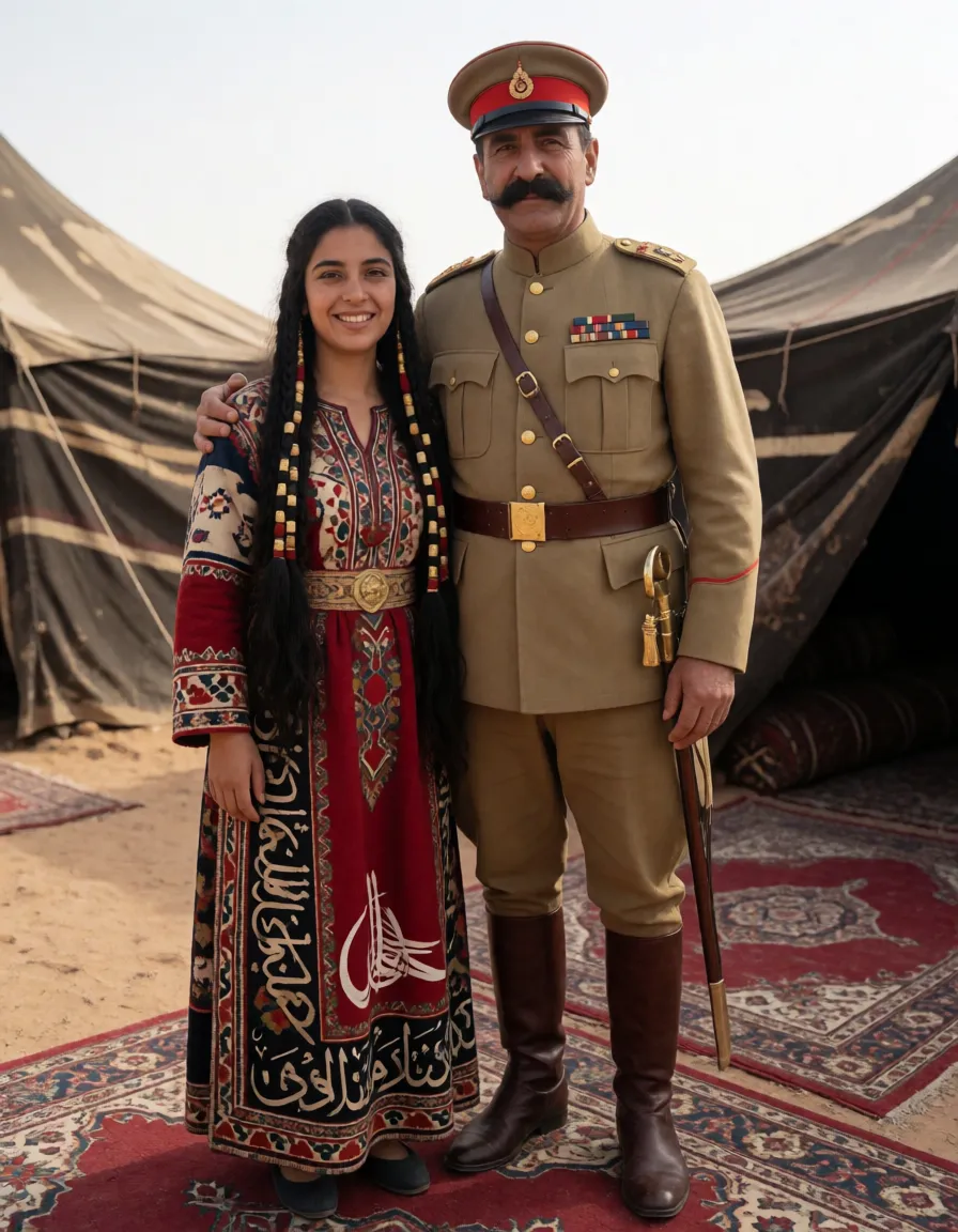 an amateur snapshot, Naked short dark brown arab woman with big saggy breasts posing with tall big Ottoman general, Ottoman army in the Sinai, leaning one one leg, wide fat waist, skinny upper body, shaved pussy, beautiful big Arab nose and thick eyebrows, heavy nipple rings red Tassels hanging from nipples, golden slave collar with chain, golden slave cuffs on arms and legs, tughra and crescent pubic tattoo, Ottoman chain on golden collar, long dark hair in middle eastern braided tail with golden rings, Ottoman flag tattoo, Ottoman army tattoo, Arabic calligraphy tattoos, body covered in middle eastern patterns and mandala, Ottoman poem written on bosom. With her standing a tall big grim Ottoman general in World War 1 ottoman general uniform and with Turkish mustaches posing for picture, general is way taller than her. Desert tents, standing in rugs, plenty of natural daylight, flat even light, casual unposed snapshot, natural everyday colour, mild noise, natural unretouched skin, strikingly beautiful, radiant complexion, early twenties