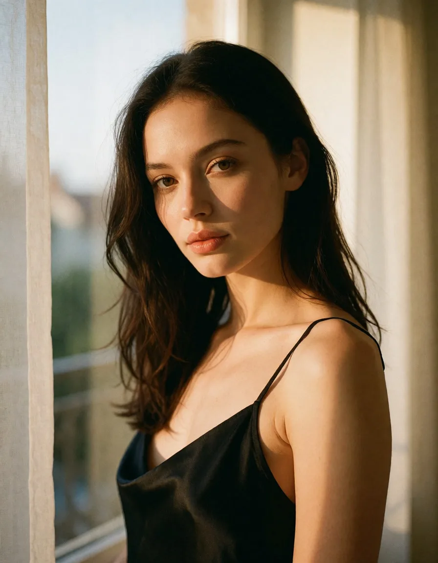 a photograph, a woman with long dark hair in a black silk slip, soft window light, shot on film, warm golden afternoon daylight, soft natural shadows, warm amber tones, gentle contrast, fine film grain, smooth clear skin, strikingly beautiful, radiant complexion, early twenties