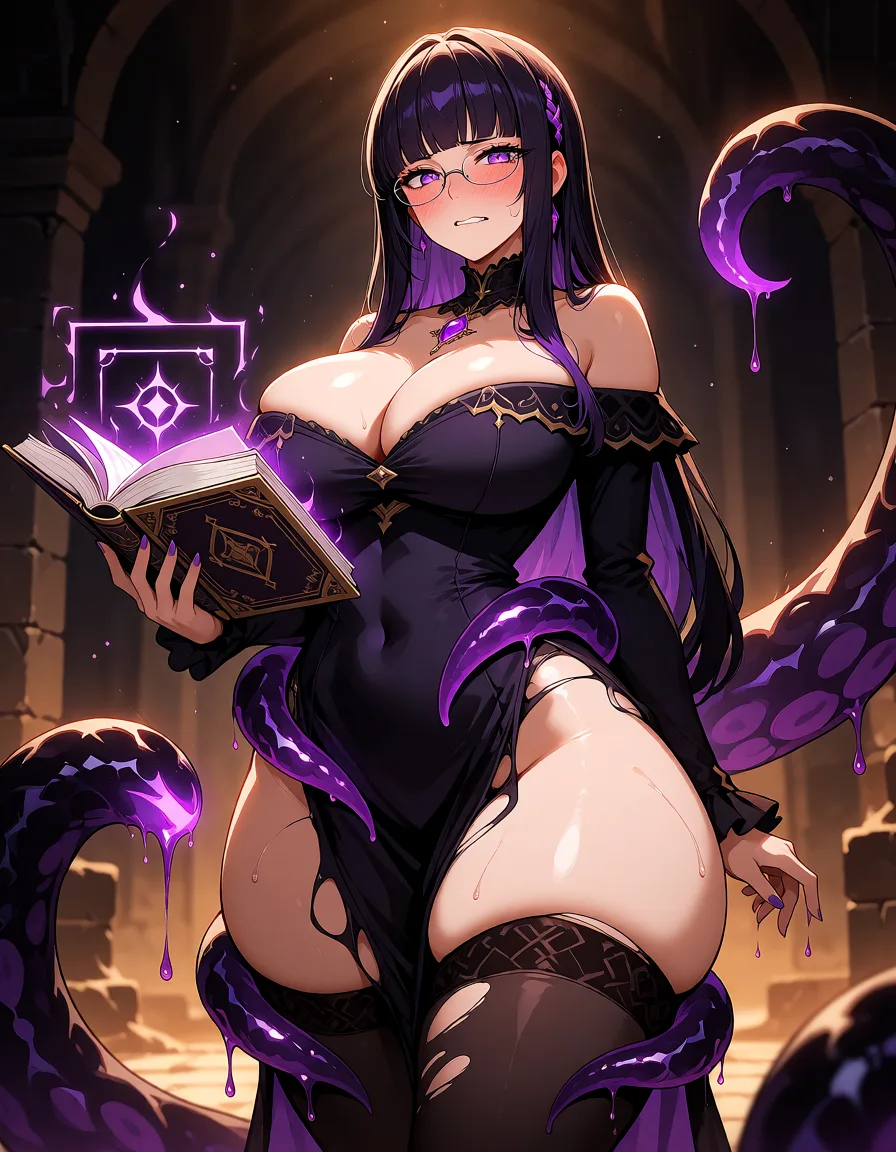 hentai anime art, 1woman, violetta, strict intellectual anime woman, pear-shaped body, narrow waist, very wide hips, long legs, wearing elegant glasses on nose, straight dark-purple hair with blunt bangs down to shoulder blades, amethyst eyes looking flustered and conflicted, heavy blushing, biting her lip, trying to hold a glowing magical grimoire, dark glowing astral tentacles wrapping around her thick thighs and waist, slime dripping, dark aristocrat dress torn at the bottom exposing black thighhighs, dungeon background, dark fantasy style, volumetric lighting, masterpiece, high quality., clean lineart, smooth cel shading, glossy highlights, saturated warm colour, drawn illustration, strikingly beautiful, radiant complexion, early twenties