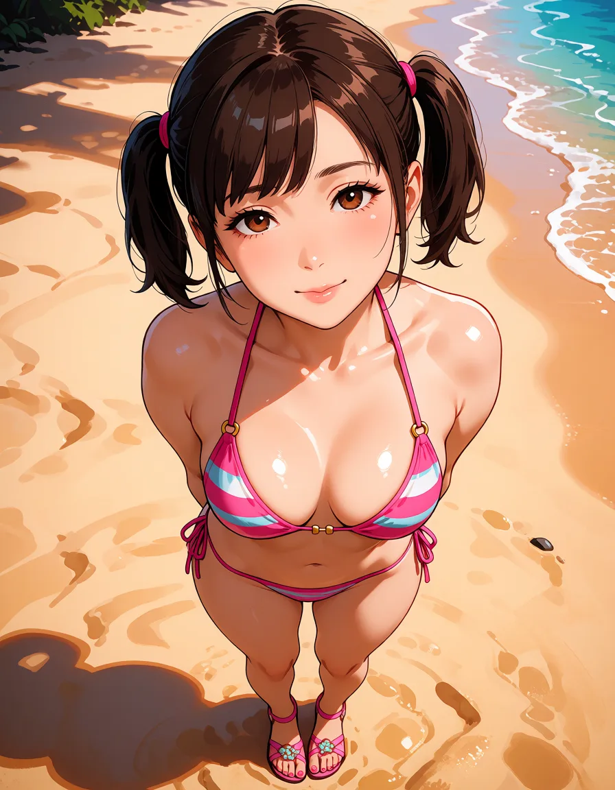 hentai anime art, Short and petite mature_female wearing a bikini and sandals with twintails, clean lineart, smooth cel shading, glossy highlights, saturated warm colour, drawn illustration, strikingly beautiful, radiant complexion, early twenties