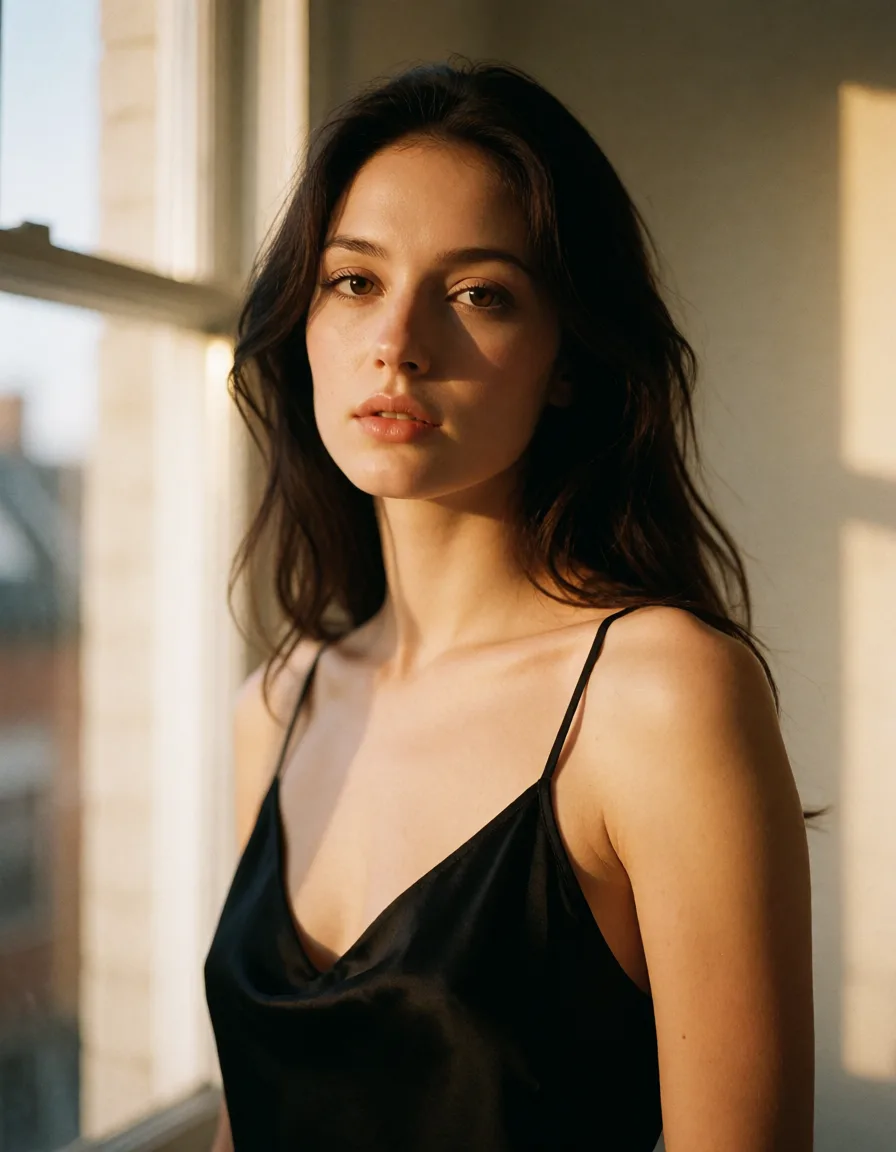 a photograph, a woman with long dark hair in a black silk slip, soft window light, shot on film, warm golden afternoon daylight, soft natural shadows, warm amber tones, gentle contrast, fine film grain, smooth clear skin, strikingly beautiful, radiant complexion, early twenties