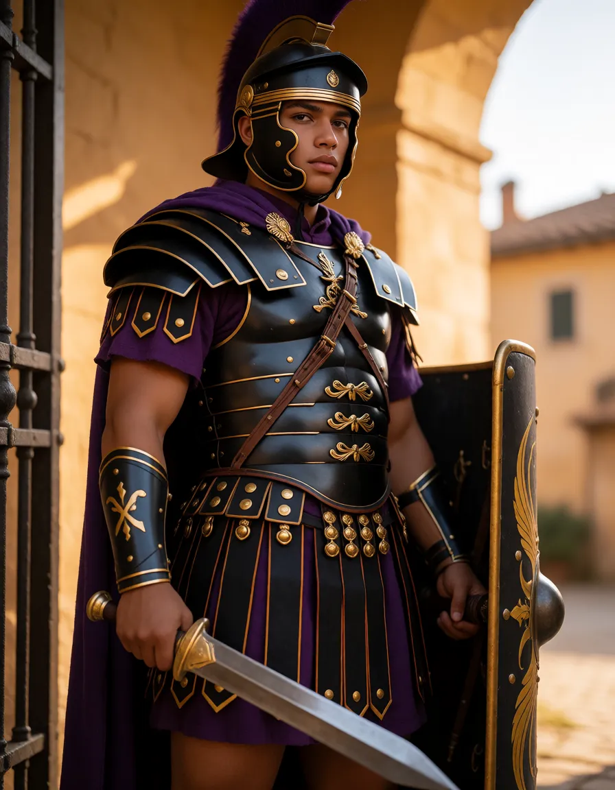 a photograph, tall femboy praetorian guard, with roman pretorian legionary black metal armor segmentata, gladius sword , black metal shield, black hair, plump body, chubby, bimbo, purple cloak, black roman helmet mask, brown skin, guarding the gate, looking fuckable, bulge, warm golden afternoon daylight, soft natural shadows, warm amber tones, gentle contrast, fine film grain, smooth clear skin, strikingly beautiful, radiant complexion, early twenties