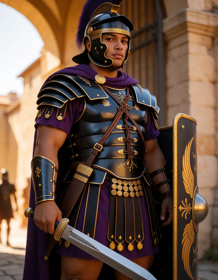 a photograph, tall femboy praetorian guard, with roman pretorian legionary black metal armor segmentata, gladius sword , black metal shield, black hair, plump body, chubby, bimbo, purple cloak, black roman helmet mask, brown skin, guarding the gate, looking fuckable, bulge, sexy, mommy, warm golden afternoon daylight, soft natural shadows, warm amber tones, gentle contrast, fine film grain, smooth clear skin, strikingly beautiful, radiant complexion, early twenties