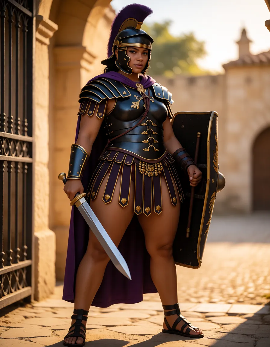 a photograph, tall futanari praetorian guard, with roman pretorian legionary black metal armor segmentata, gladius sword , black metal shield, black hair, plump body, chubby, bimbo, purple cloak, black roman helmet mask, brown skin, guarding the gate, looking fuckable, bulge,  wide_hips legs_apart angry thong  sandals roman skirt, warm golden afternoon daylight, soft natural shadows, warm amber tones, gentle contrast, fine film grain, smooth clear skin, strikingly beautiful, radiant complexion, early twenties