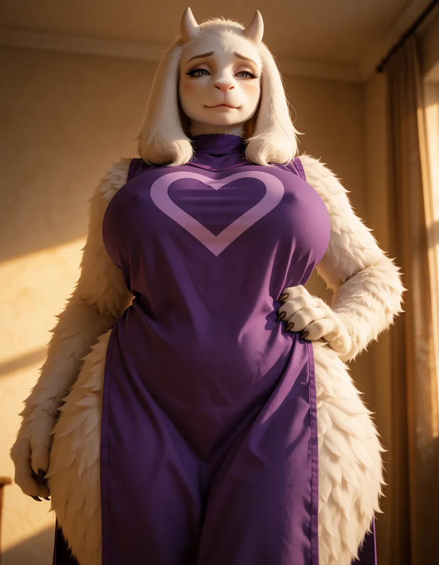 a photograph, 1woman, mature, its a toriel from game undertale, big hips, sexy pose, curvy, furry_female , full dressed, sexy pose,  sexy_pose, from_below, front view, dressed in her long purple dress,  all body in fur, goat face, realistic, thick body, warm golden afternoon daylight, soft natural shadows, warm amber tones, gentle contrast, fine film grain, smooth clear skin, strikingly beautiful, radiant complexion, early twenties