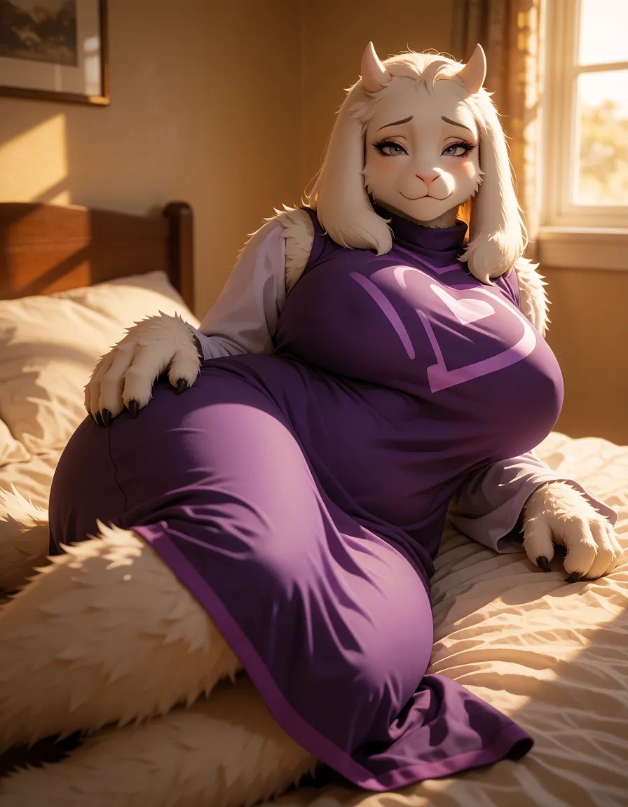 a photograph, 1woman, mature, its a toriel from game undertale, big hips, sexy pose, curvy, furry_female , full dressed, sexy pose,  sexy_pose, from_below, front view, dressed in her long purple dress,  all body in fur, goat face, realistic, thick body, lying on bed, lying on side, giant breasts, warm golden afternoon daylight, soft natural shadows, warm amber tones, gentle contrast, fine film grain, smooth clear skin, strikingly beautiful, radiant complexion, early twenties