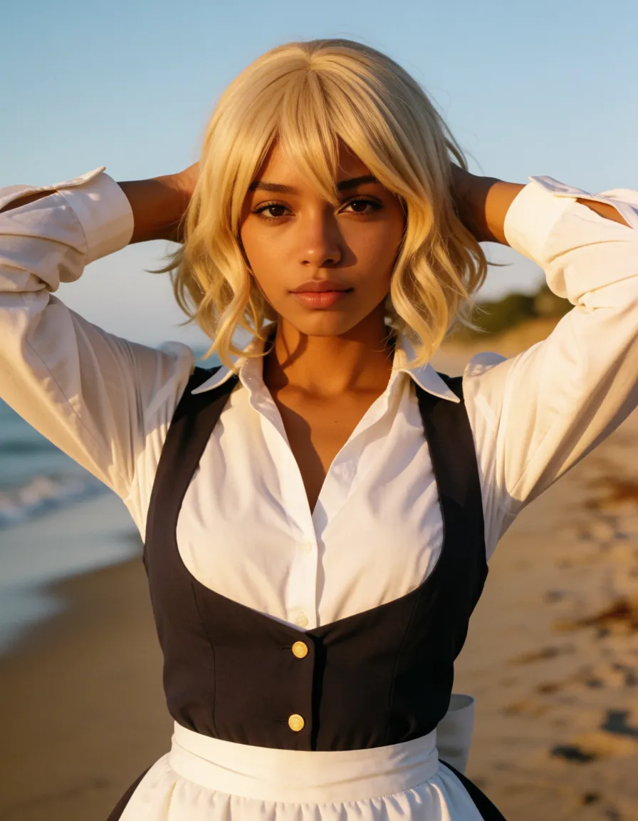 a photograph, 1 women, its a ghislaine dedoldia from anime, cosplay on ghislaine dedoldia, muscular body, black skin, huge breasts, dressed in her own clothes, on the beach, front view on her, hands behind the head, warm golden afternoon daylight, soft natural shadows, warm amber tones, gentle contrast, fine film grain, smooth clear skin, strikingly beautiful, radiant complexion, early twenties