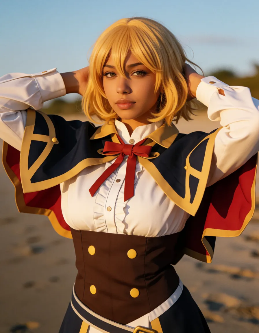 a photograph, 1 women, its a ghislaine dedoldia from anime Mushoku Tensei: Isekai Ittara Honki Dasu, cosplay on ghislaine dedoldia, muscular body, black skin, huge breasts, dressed in her own clothes, on the beach, front view on her, hands behind the head, warm golden afternoon daylight, soft natural shadows, warm amber tones, gentle contrast, fine film grain, smooth clear skin, strikingly beautiful, radiant complexion, early twenties