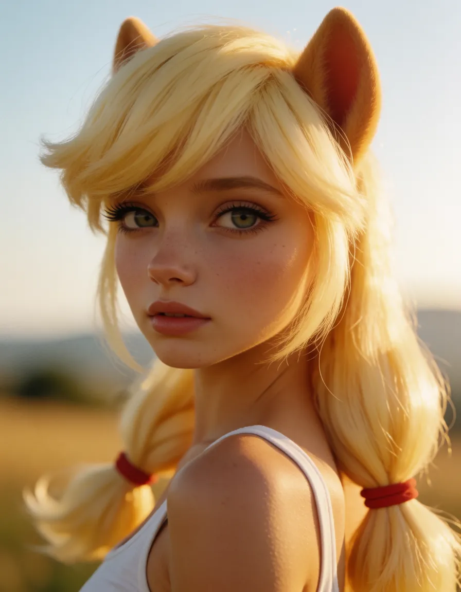 a photograph, masterpiece, best quality, very aesthetic, absurdres, solo, 1 3d, realistic, ultra detailed, applejack (pony), naked, small breasts, nipples, detailed shadow, big thighs, big hips, detailed shadow, cinematic, the light falls directly on her like in a photo shoot, The pose is like for a magazine cover, Jack-O pose, Jack-O challenge, straight legs, ass up, beautiful face, view on her back, head up and looking on viewer, face, warm golden afternoon daylight, soft natural shadows, warm amber tones, gentle contrast, fine film grain, smooth clear skin, strikingly beautiful, radiant complexion, early twenties