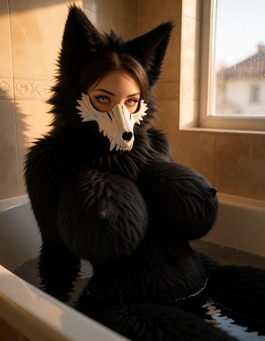a photograph, 1woman, 18 years old, its a SCP-1471, big hips, sexy pose, curvy, furry, sexy pose, sexy_pose, front view, huge breasts, sexy pose, in the bathroom, huge breasts, naked, lying in the bath, giant breasts, cosplay on MalO, all body in black fur, the mask white wolf scull, not a human, all in fur, no skin, Instead of a face she has a wolf‑shaped mask,her body all in fur, fur on breasts, no human skin, only full fur, full in fur, all her body in fur, she is furry, white pupils, warm golden afternoon daylight, soft natural shadows, warm amber tones, gentle contrast, fine film grain, smooth clear skin, strikingly beautiful, radiant complexion, early twenties
