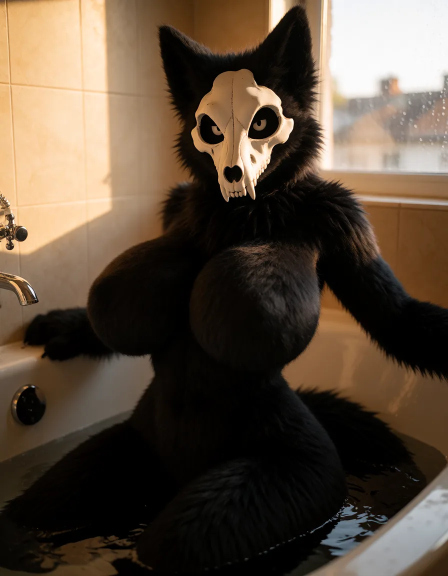 a photograph, 1woman, 18 years old, its a SCP-1471, big hips, sexy pose, curvy, furry, sexy pose, sexy_pose, front view, huge breasts, sexy pose, in the bathroom, huge breasts, naked, lying in the bath, giant breasts, cosplay on MalO, all body in black fur, the mask white wolf scull, not a human, all in fur, no skin, Instead of a face she has a wolf‑shaped mask,her body all in fur, fur on breasts, no human skin, only full fur, full in fur, all her body in fur, she is furry, white pupils in mask, warm golden afternoon daylight, soft natural shadows, warm amber tones, gentle contrast, fine film grain, smooth clear skin, strikingly beautiful, radiant complexion, early twenties