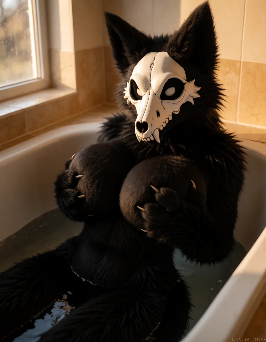 a photograph, 1woman, 18 years old, its a SCP-1471, big hips, sexy pose, curvy, furry, sexy pose, sexy_pose, front view, huge breasts, sexy pose, in the bathroom, huge breasts, naked, lying in the bath, giant breasts, cosplay on MalO, all body in black fur, the mask white wolf scull, not a human, all in fur, no skin, Instead of a face she has a wolf‑shaped mask,her body all in fur, fur on breasts, no human skin, only full fur, full in fur, all her body in fur, she is furry, white glowing pupils in mask, she grabbing the own breasts, warm golden afternoon daylight, soft natural shadows, warm amber tones, gentle contrast, fine film grain, smooth clear skin, strikingly beautiful, radiant complexion, early twenties