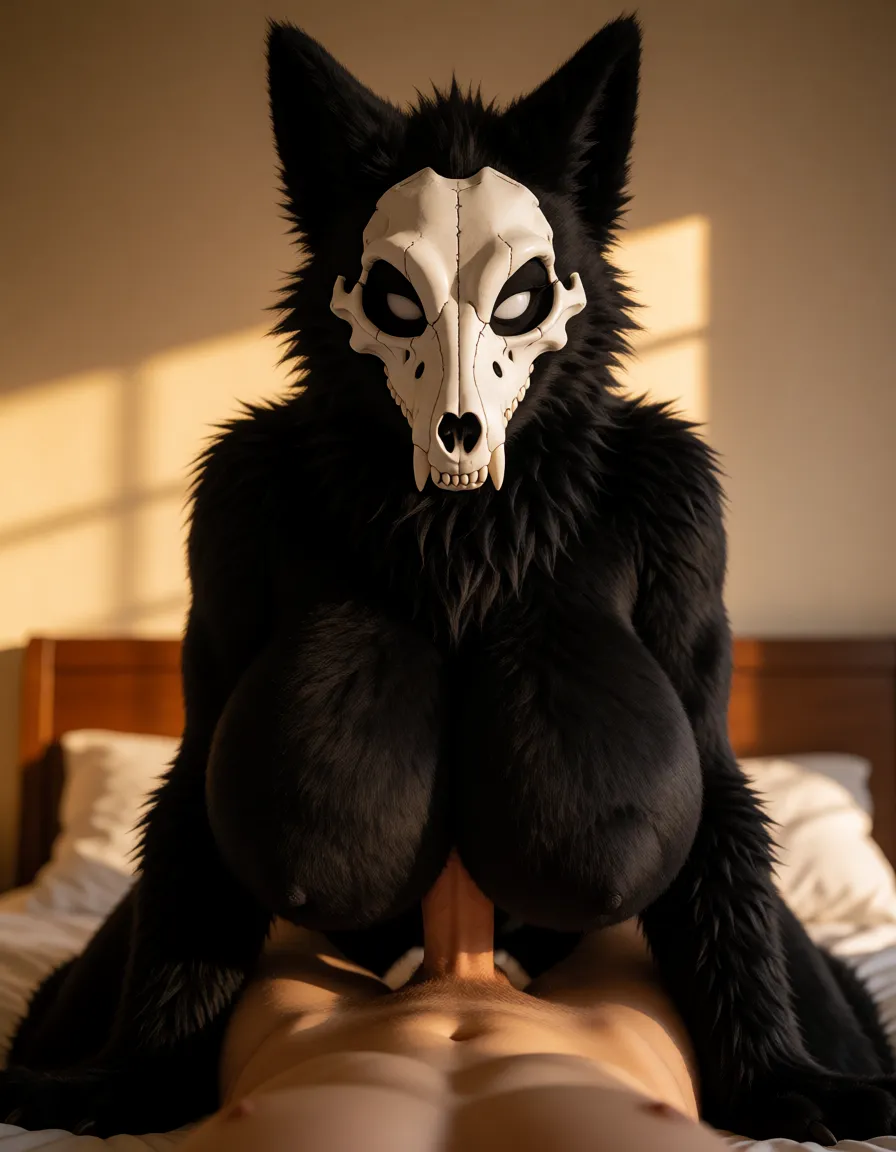 a photograph, 1woman, 18 years old, its a SCP-1471, big hips, sexy pose, curvy, furry, sexy pose, sexy_pose, front view, huge breasts, sexy pose, in the bedroom, huge breasts, naked, She looms over the lying viewer, giant breasts, cosplay on MalO, all body in black fur, the mask white wolf scull, not a human, all in fur, no skin, Instead of a face she has a wolf‑shaped mask,her body all in fur, fur on breasts, no human skin, only full fur, full in fur, all her body in fur, she is furry, white glowing pupils in mask, no viewer body, close view her, without viewers body, It’s as if she’s lying on me., warm golden afternoon daylight, soft natural shadows, warm amber tones, gentle contrast, fine film grain, smooth clear skin, strikingly beautiful, radiant complexion, early twenties