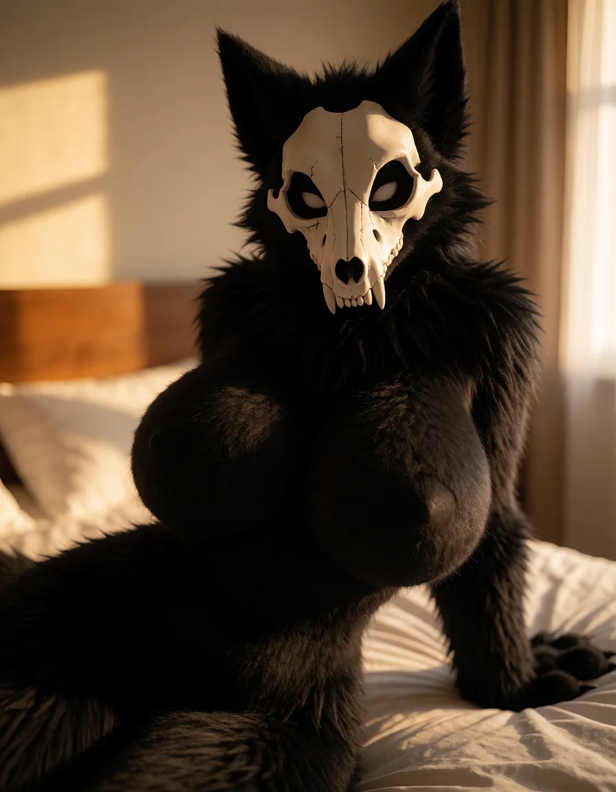 a photograph, 1woman, 18 years old, its a SCP-1471, big hips, sexy pose, curvy, furry, sexy pose, sexy_pose, front view, huge breasts, sexy pose, in the bedroom, huge breasts, naked, She is lying on the bed; it’s a very close shot, as if she’s lying right next to you, giant breasts, cosplay on MalO, all body in black fur, the mask white wolf scull, not a human, all in fur, no skin, Instead of a face she has a wolf‑shaped mask,her body all in fur, fur on breasts, no human skin, only full fur, full in fur, all her body in fur, she is furry, white glowing pupils in mask, warm golden afternoon daylight, soft natural shadows, warm amber tones, gentle contrast, fine film grain, smooth clear skin, strikingly beautiful, radiant complexion, early twenties