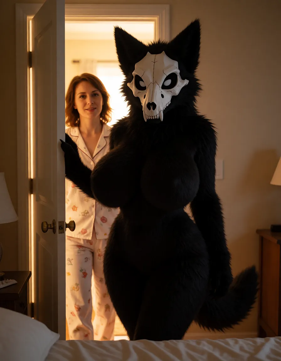 a photograph, 1woman, 18 years old, its a SCP-1471, big hips, sexy pose, curvy, furry, sexy pose, sexy_pose, front view, huge breasts, sexy pose, in the bedroom, huge breasts, naked, She’s hiding behind the door; in the doorway stands a woman in her 30s, dressed in pajamas, and light is shining from the doorway into our dark room, giant breasts, cosplay on MalO, all body in black fur, the mask white wolf scull, not a human, all in fur, no skin, Instead of a face she has a wolf‑shaped mask,her body all in fur, fur on breasts, no human skin, only full fur, full in fur, all her body in fur, she is furry, white glowing pupils in mask, warm golden afternoon daylight, soft natural shadows, warm amber tones, gentle contrast, fine film grain, smooth clear skin, strikingly beautiful, radiant complexion, early twenties
