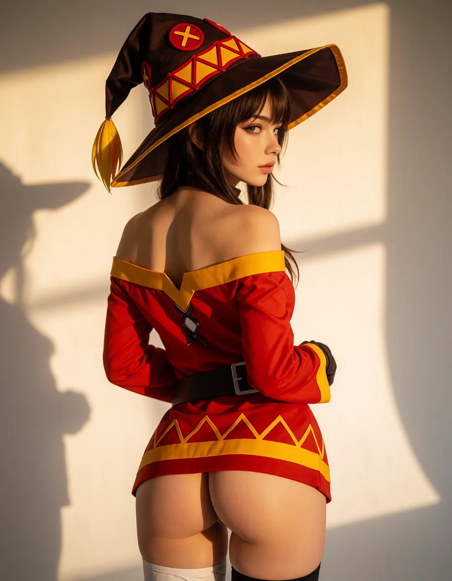 a photograph, 1 девушка 18 лет, она косплеит megumin from anime konosuba its a megumin, она одета в свою одежду, одетая, ее культовая шляпа и платье, вид сзади, белый фон, маленькая жопа и ляжки, warm golden afternoon daylight, soft natural shadows, warm amber tones, gentle contrast, fine film grain, smooth clear skin, strikingly beautiful, radiant complexion, early twenties