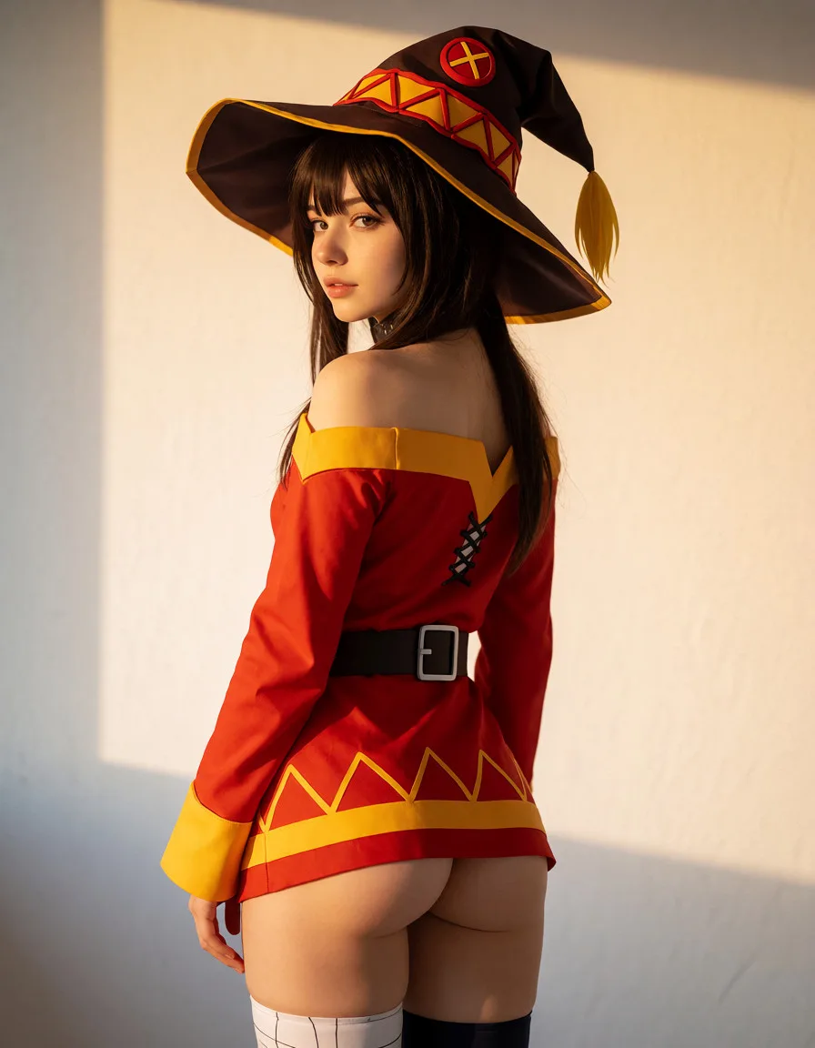a photograph, 1woman, 18 years old, she is cosplaying as Megumin from the anime *Konosuba*; it’s Megumin, she is wearing her own clothes, her iconic hat and dress, back view, white background, small butt and thighs, full‑length photo, don look back, warm golden afternoon daylight, soft natural shadows, warm amber tones, gentle contrast, fine film grain, smooth clear skin, strikingly beautiful, radiant complexion, early twenties