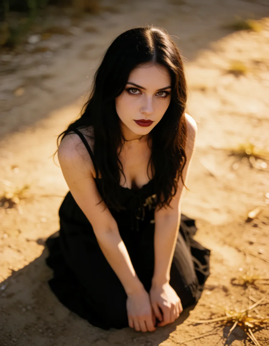 a photograph, goth woman on her knees tongue out topless massive tits looking up at viewer, warm golden afternoon daylight, soft natural shadows, warm amber tones, gentle contrast, fine film grain, smooth clear skin, strikingly beautiful, radiant complexion, early twenties