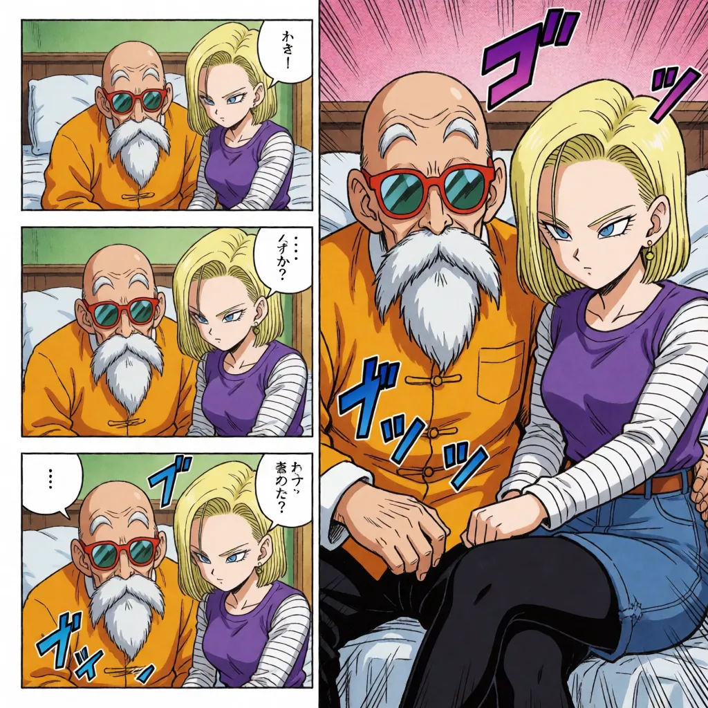 comic book art, Hentai manga, one man and one woman, Dragon Ball characters, Master Roshi (male), Android 18 (female), scene of the man having sexual intercourse with the woman in the missionary position, four-panel layout with progressively larger panels, from the first to the third panel the man's thrusting speed increases and the woman's moans grow louder, in the fourth panel the man ejaculates and the woman reaches the peak of pleasure, set in a bedroom, anime-style coloring, flat colors, fine lines, delicate linework, motion lines, speed lines, Japanese sound effects, speech bubbles with Japanese text, masterpiece, best quality, ultra-detailed., bold black ink outlines, halftone dot shading, cross hatched shadows, flat four colour print palette, hard high contrast comic inking, printed comic page, strikingly beautiful, radiant complexion, early twenties