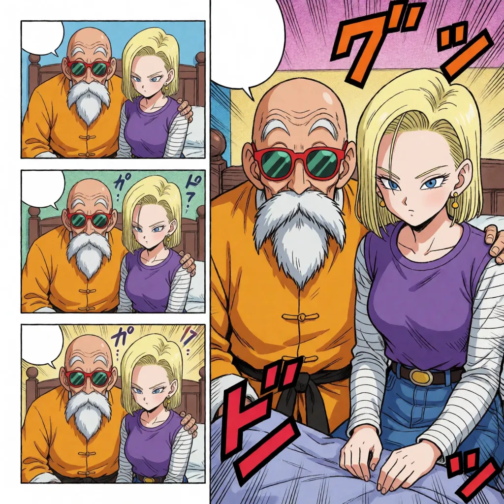 comic book art, nsfw, hentai, doujin, one man and one woman, Dragon Ball characters, Master Roshi (male), Android 18 (female), scene of a man having sexual intercourse with a woman in the missionary position, four-panel layout with progressively larger panels, panels 1 through 3 show the man's thrusting speed increasing and the woman's moans growing louder, in the fourth panel the man ejaculates and the woman reaches the peak of pleasure, in the bedroom, anime-style coloring, flat colors, fine lines, delicate linework, motion lines, speed lines, Japanese sound effects, speech bubbles with Japanese text, masterpiece, best quality, ultra-detailed, bold black ink outlines, halftone dot shading, cross hatched shadows, flat four colour print palette, hard high contrast comic inking, printed comic page, strikingly beautiful, radiant complexion, early twenties