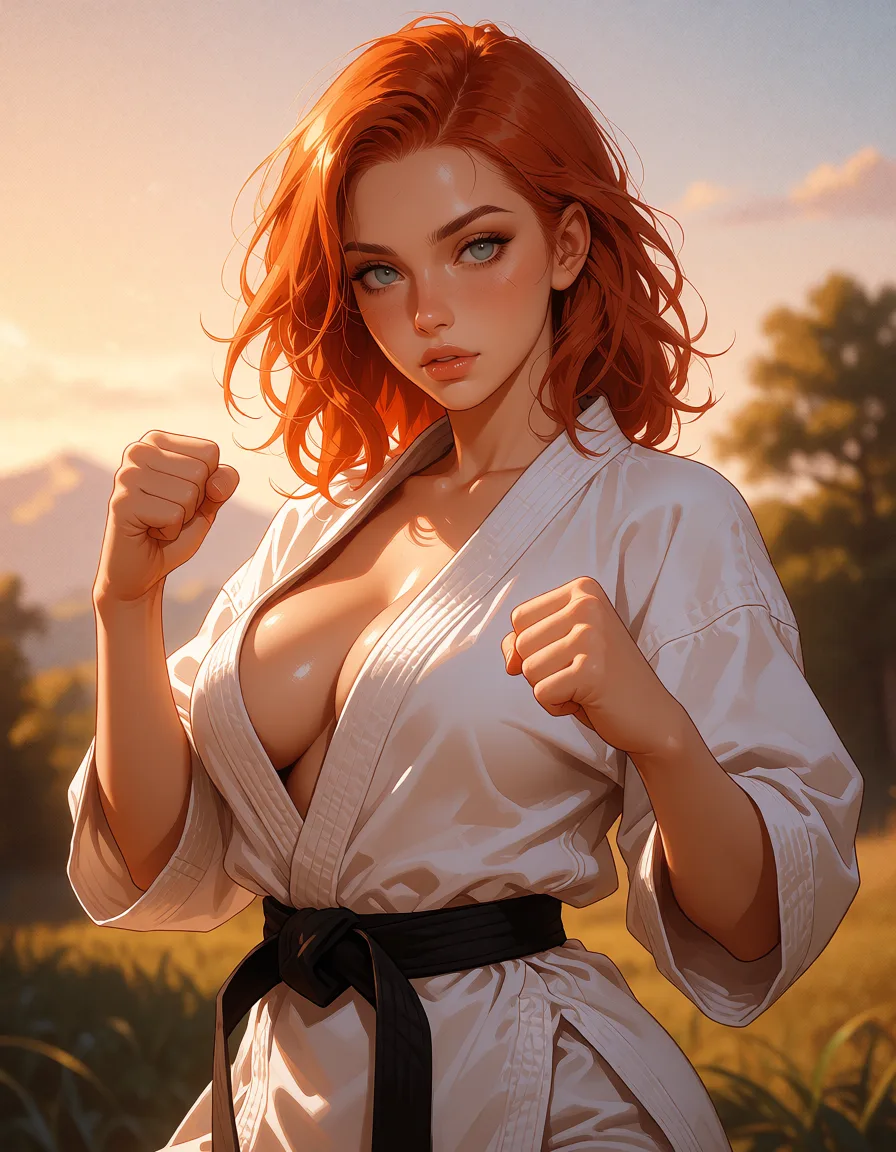 a photograph, hentai anime art, a redhead woman in sexy karate kimono seductive pose, fighting_stance clean lineart, smooth cel shading, glossy highlights, saturated warm colour, drawn illustration, strikingly beautiful, radiant complexion, early twenties, warm golden afternoon daylight, soft natural shadows, warm amber tones, gentle contrast, fine film grain, smooth clear skin, strikingly beautiful, radiant complexion, early twenties