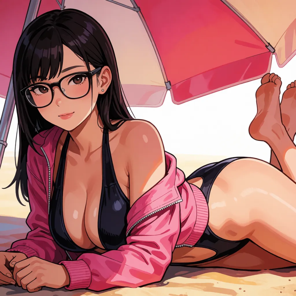 hentai anime art, 1woman, asian milf, tsurime, nervous, blushing, parted lips, smile, beautiful lips, glasses, gigantic sagging breasts, fat, big chubby belly, large buttocks, black slingshot swimsuit, pink jacket, lying, on stomach, after anal, anal beads, huge beads anal, condoms, cumdrip, beach umbrella, side view,, clean lineart, smooth cel shading, glossy highlights, saturated warm colour, drawn illustration, strikingly beautiful, radiant complexion, early twenties