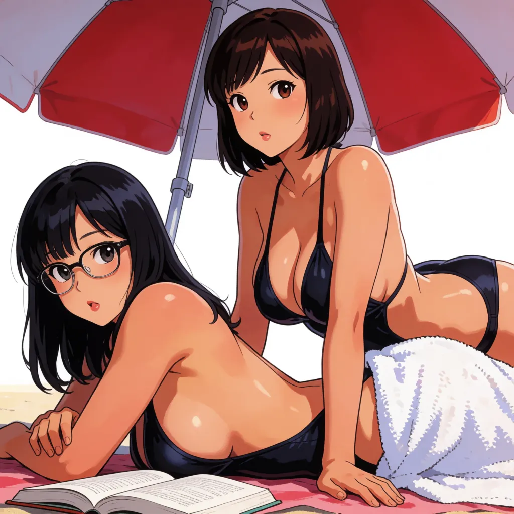 hentai anime art, 2womans, asian milf, mature females, interracial, tsurime, nervous, blushing, parted lips, smile, beautiful lips, glasses, excessive sagging breasts, fat, bbw, big chubby belly, large buttocks, black undersized bikini swimsuit, towel over waist, skindentation, lying, on stomach, head resting, second woman massaging body, massaging therapy, oiled, beach umbrella, open book, side view,, clean lineart, smooth cel shading, glossy highlights, saturated warm colour, drawn illustration, strikingly beautiful, radiant complexion, early twenties